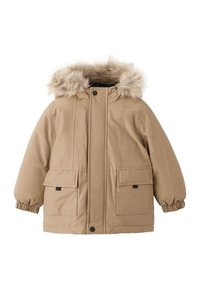 Parka de color beige con aislamiento, capucha con borde de piel, puños elásticos y dos bolsillos frontales. Material exterior suave y corte relajado.