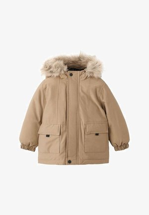 Beige geïsoleerde parka-jack met een capuchon met bontrand, elastische manchetten en twee voorke pockets. Glad buitenmateriaal met een ontspannen pasvorm.