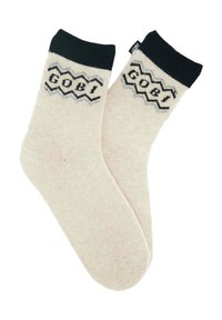 Beiga ullstrumpor med svart mudd, med ett zigzag-mönster och ordet "GOBI" i blått. Mjuk textur, med längd till mitten av vaden.