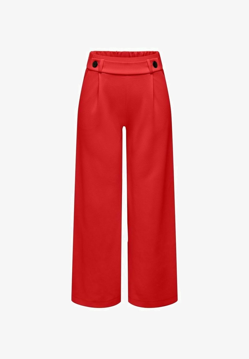 Pantalon rouge taille haute à jambes larges avec détail de patte boutonnée à la taille sur fond blanc.
