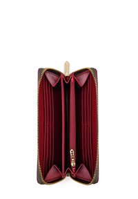 Red leather wallet with gold zipper, multiple card slots, and central zippered compartment. Textured exterior, smooth interior lining.