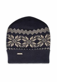 Granatowa dzianinowa czapka z kremowym geometrycznym wzorem. Posiada prążkowany mankiet oraz małą metalową plakietkę z logo. Miękka w dotyku.