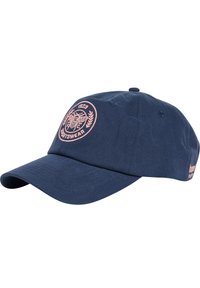 Marineblaue Kappe aus Baumwolle, mit einem bestickten Bienenlogo in Pink, geschwungenem Schirm und verstellbarem Riemen auf der Rückseite.