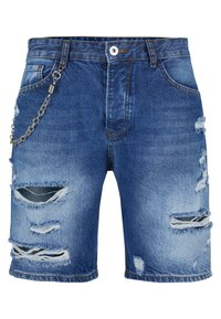 Blauwe denim shorts met verwerkte details, rafelige randen en een zilveren kettingaccent op de tailleband. Traditioneel vijf-pocket ontwerp.