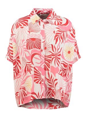 Kurzärmliges Hemd mit Knöpfen und roten, pinken sowie gelben abstrakten Blumen- und Sonnenstrahlenmustern auf weißem Hintergrund.