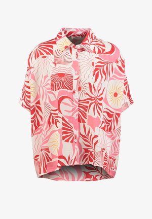 Kurzärmliges Hemd mit Knöpfen und roten, pinken sowie gelben abstrakten Blumen- und Sonnenstrahlenmustern auf weißem Hintergrund.