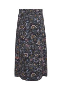 Gonna midi nera con motivi floreali e paisley colorati in tonalità di viola, blu e oro, con vestibilità dritta e vita elastica.