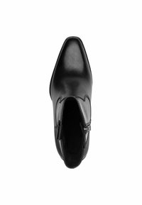 Bottines en cuir noir à bout pointu, texture lisse, fermeture éclair sur le côté, détails de couture minimalistes, design épuré.