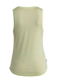 Top sin mangas de color verde claro para mujer, con cuello redondo, visto desde la parte de atrás, fabricado con un tejido suave y ligeramente transparente.