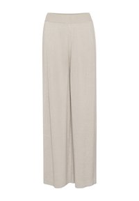 Wide-leg pants in light beige with a soft, textured finish and an elastic waistband, providing a comfortable and flowing silhouette.