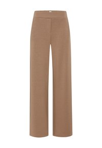 Pantaloni larghi marroni con una texture liscia, vita elastica e senza chiusure visibili. Colore uniforme con design a gamba dritta.
