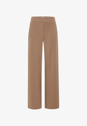 Pantaloni larghi marroni con una texture liscia, vita elastica e senza chiusure visibili. Colore uniforme con design a gamba dritta.