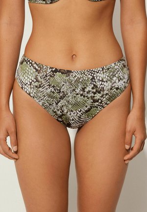 Zielono-czarny dół bikini z teksturowanym wzorem imitującym skórę węża, średniego krycia i gładkim wykończeniem. Odpowiedni do stroju kąpielowego.