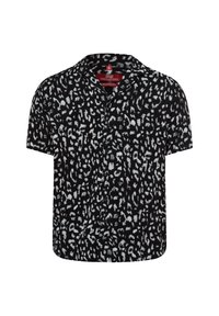 Kurzärmliges, gelocktes Hemd aus schwarzem Stoff mit einem weißen Leopardenmuster. Mit Knöpfen vorne und legerem Schnitt.