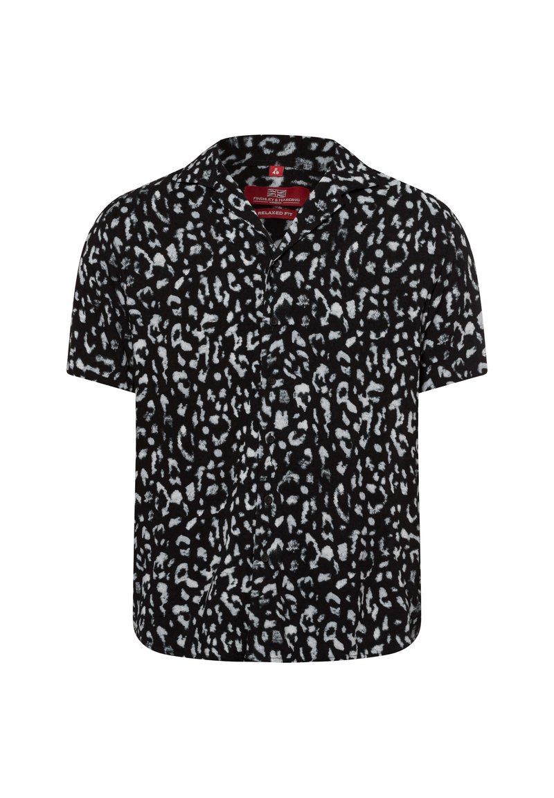 Kurzärmliges, gelocktes Hemd aus schwarzem Stoff mit einem weißen Leopardenmuster. Mit Knöpfen vorne und legerem Schnitt.