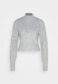 Pull à col roulé côtelé gris avec manches longues et silhouette ajustée, présentant un motif en maille texturée et une longueur raccourcie.