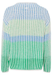 Mehrfarbiger Häkelpullover mit horizontalen Streifen in Blau, Grün und Weiß. Lockere, strukturierte Strickart mit einem runden Ausschnitt und langen Ärmeln.
