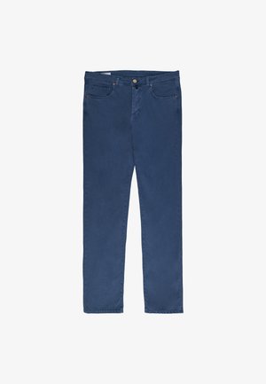 Jean bleu foncé à jambes droites avec poches avant, bouton et fermeture éclair, présenté à plat sur fond blanc.