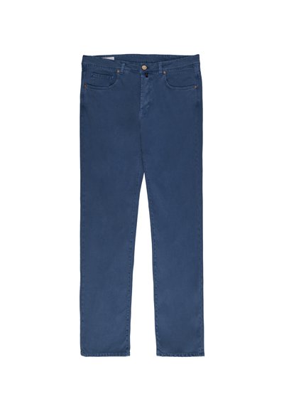 Dark blue straight-leg jeans with front pockets, button, and zipper closure, displayed flat on a white background.