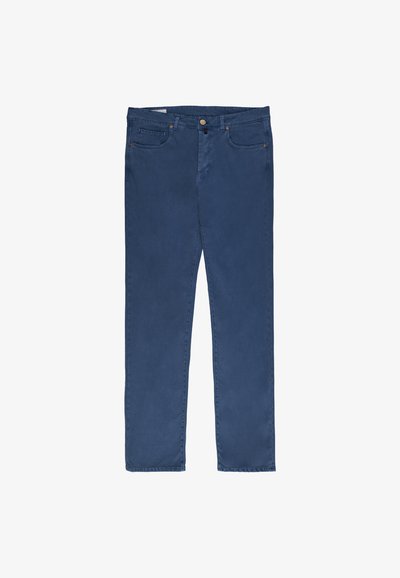 Dark blue straight-leg jeans with front pockets, button, and zipper closure, displayed flat on a white background.