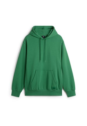 Green pullover hoodie made of soft fabric, featuring a front pouch pocket, drawstring hood, and ribbed cuffs and hem.