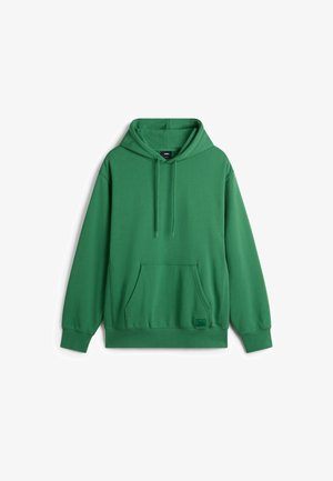 Groene pullover hoodie van zacht materiaal, met een voorzak, een capuchon met trekkoord en ribgebreide boorden en zoom.