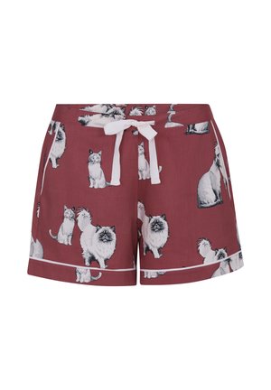 Bordeauxrote Shorts mit weißem Kordelzug, versehen mit einem Muster aus flauschigen weißen und grauen Katzen in verschiedenen Posen.