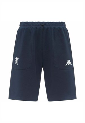 Short de sport bleu marine avec taille élastique, poches avant et logos blancs de chaque côté sur fond blanc.