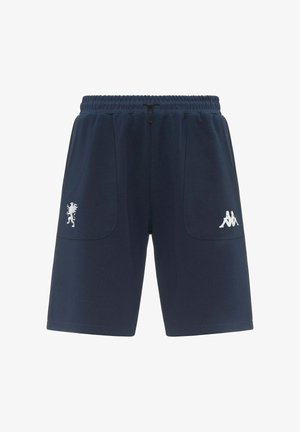 Short de sport bleu marine avec taille élastique, poches avant et logos blancs de chaque côté sur fond blanc.