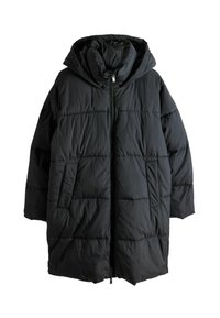 Abrigo acolchado negro con capucha, con cierre de cremallera, bolsillos laterales y textura acolchada. Fabricado en un material ligero y suave.