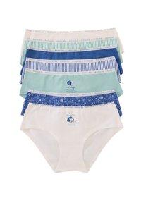 Five pairs of women’s cotton panties: colors include white, light blue, dark blue, and green. Each features a unique print and elastic waistbands.