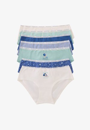 Five pairs of women’s cotton panties: colors include white, light blue, dark blue, and green. Each features a unique print and elastic waistbands.