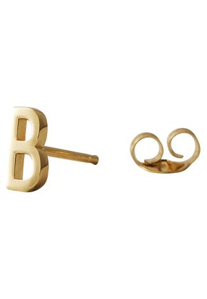 Goldener Ohrstecker in Form des Buchstabens B mit separatem Schmetterlingsverschluss auf weißem Hintergrund.