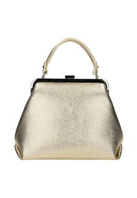 Goldene Lederhandtasche mit strukturiertem Finish, rechteckiger Form, stabilem Oberteil und gebogenem Griff, ausgestattet mit einem metallischen Verschluss.
