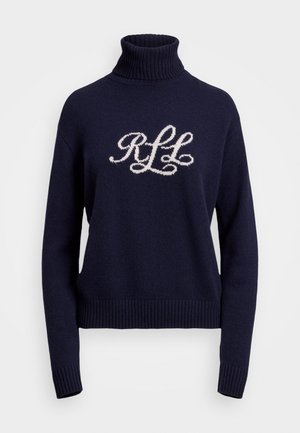 Marineblå strikket turtleneck sweater med ribbede manchetter og kanten; har et hvidt broderet skriftlogo "RfH" på fronten.