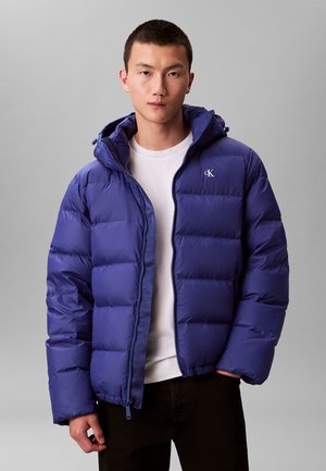 Mand iført åben blå dunjakke med hætte over hvid skjorte og sorte bukser, stående foran en lysegrå baggrund.