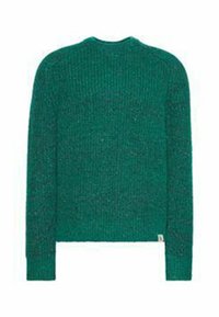 Pull vert en tricot avec une finition texturée, présentant un col rond et des manches longues. Le dos est uni avec une petite étiquette de marque à l'ourlet.
