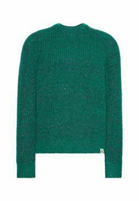 Maglione verde lavorato a maglia con finitura strutturata, caratterizzato da una scollatura rotonda e maniche lunghe. La parte posteriore è liscia con una piccola etichetta del marchio sull'orlo.