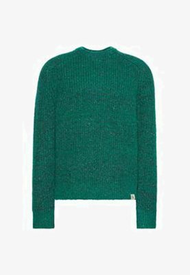 Maglione verde lavorato a maglia con finitura strutturata, caratterizzato da una scollatura rotonda e maniche lunghe. La parte posteriore è liscia con una piccola etichetta del marchio sull'orlo.