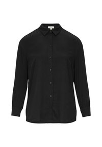 Zwarte langemouwen shirt van textuurstof, met een puntige kraag, knoopsluiting aan de voorkant en zachte manchetten. Informele pasvorm, minimalistisch ontwerp.
