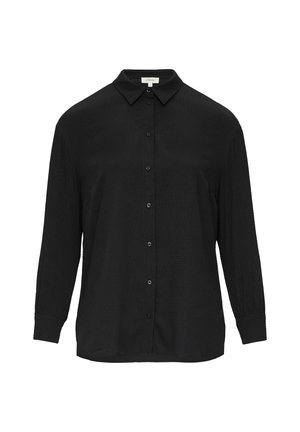 Schwarzes Langarmshirt aus strukturiertem Stoff, mit spitzem Kragen, Knopfverschluss vorne und weichen Bündchen. Informelle Passform, minimales Design.