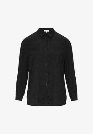 Maglietta nera a maniche lunghe in tessuto strutturato, con colletto a punta, chiusura frontale a bottoni e polsini morbidi. Vestibilità informale, design minimal.