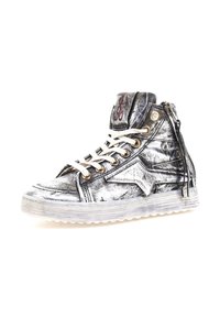 Hoge sneakers in metallic zilver met textiel leer, gouden veterogen, crèmekleurige veters en een doorzichtige rubberen zool. Rits aan de zijkant.