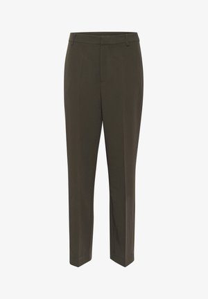 Dark olive green trousers made of smooth fabric; feature a straight cut, flat front, and standard waistband with belt loops.