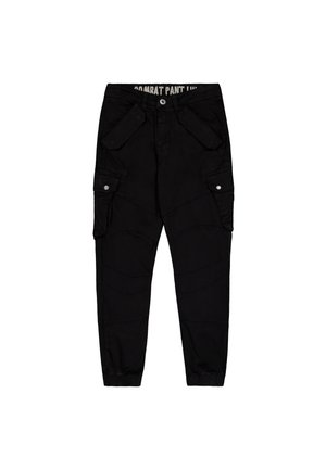 Pantaloni cargo negri din bumbac, cu multiple buzunare, design ajustat și manșete elastice la glezne.