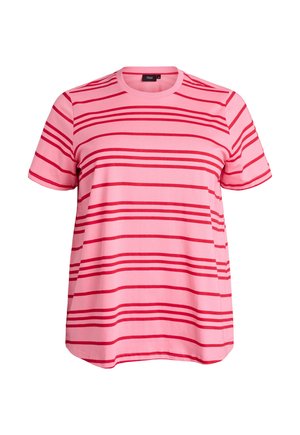 Ružové tričko s krátkym rukávom, s horizontálnymi tmavoružovými pruhmi a okrúhlym výstrihom, zobrazené na bielom pozadí.