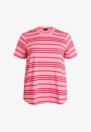 Pink short-sleeve t-shirt with horizontal dark pink stripes and a round neckline, displayed against a white background.