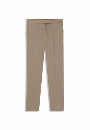 Pantaloni beige su misura con una texture liscia, design a gamba dritta, piega frontale e due tasche laterali. Vita semplice con un accento metallico.