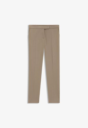 Beige maßgeschneiderte Hose mit glatter Oberfläche, gerader Beinform, frontale Bügelfalte und zwei Seitentaschen. Schlichter Bund mit metallischem Akzent.