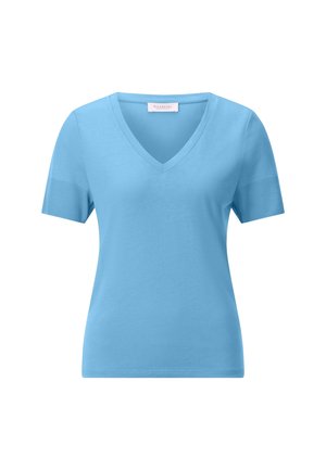 Light blue short-sleeve V-neck shirt with ribbed sleeve cuffs, tailored fit, and a smooth texture, displayed on a white background.